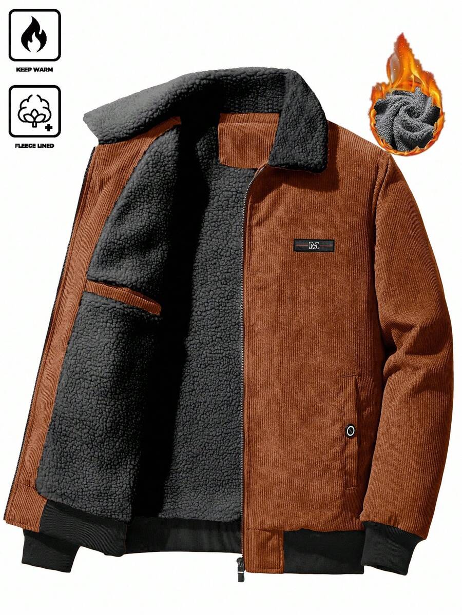 Manfinity Homme Áo khoác nhung kẻ dày dặn, có lớp lót dành cho nam mùa thu và đông, áo khoác nhung kẻ dài tay mùa đông cho nam, Old Money - Màu nâu  Mocha - Xem 1