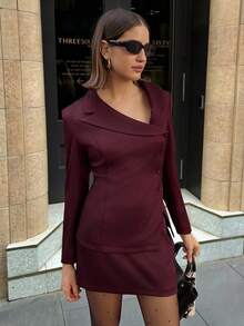 Aloruh Conjunto de traje de mujer, color rojo burdeos sólido y profundo, elegante para ir al trabajo, diseño de solapa asimétrica con blazer y minifalda, conjunto de 2 piezas para mujeres, casual de negocios, otoño para mujeres - Marrón - Ver 6