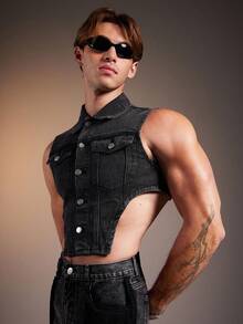 FeverCity Men's Fashionable Sexy Asymmetric Hem Sleeveless Denim Top, Summer