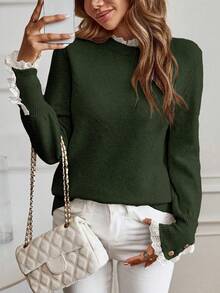 EMERY ROSE Áo len dài tay cổ bẻ viền bèo nhún màu tương phản thanh lịch - Màu xanh lá cây đậm - Xem 5