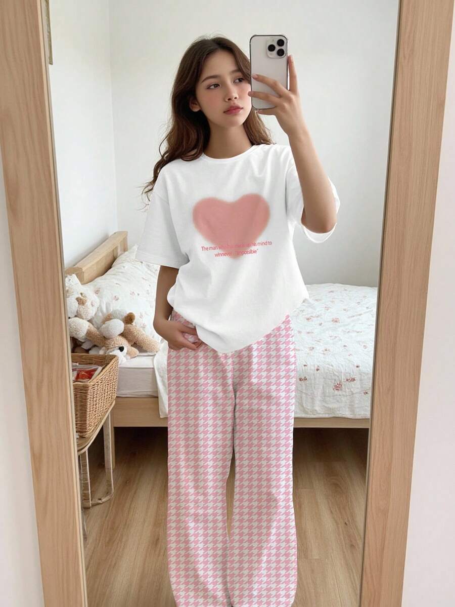 SHEIN Leap Crew 休闲宽松简约圆领短袖上衣和长裤家居服套装，适合青少年女孩春夏季 - 彩色 - 查看 1