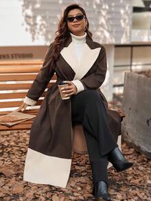Vionelle Áo khoác dài tay dài thắt lưng màu tương phản cổ điển cỡ lớn dành cho nữ, phong cách đi làm, mùa thu/đông - Nhiều màu - Xem 6