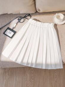 1 件女童松紧腰荷叶边百褶裙，休闲裙 - 白色 - 查看 2