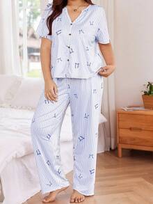 Snug Zone 2pcs Soft & Skin-Friendly Striped Bow Print Short Sleeve Top And Pants Pajama Set Blue And White Pajamas Button Up Pajama Set - Purple - View 6