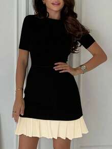 Siren Gaze Pleated Hem Patchwork Round Neck Versatile Mini Dress Elegant Black Summer Evening Dress Party - Black - View 6