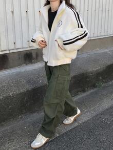 FRIFUL 女士米色立领撞色条纹毛边宽松休闲百搭常规外套，适合秋季作为女式外套穿着 - 米色 - 查看 2