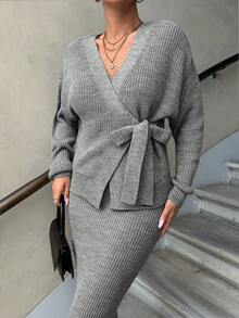 EURMUSE 女士针织套装（含开衫和连衣裙） - 淺灰色 - 查看 4