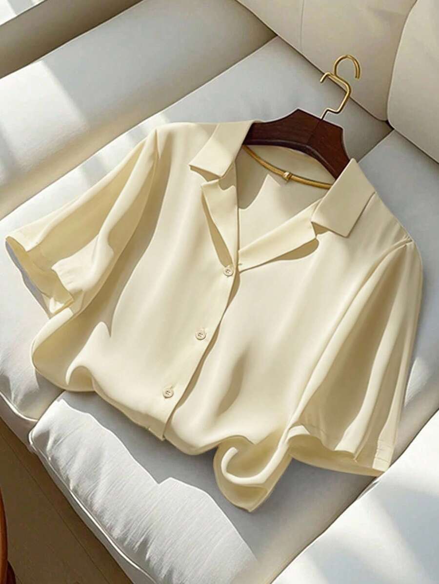 Franclia Versatile Solid Color Polo Collar Short Sleeve Shirt For Women, Summer - Apricot - View 1