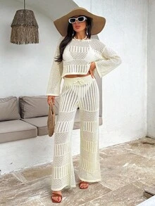 EURMUSE Ivory Open-Knit Two-Piece Set With Flared Pants And Long-Sleeve Top, Featuring A Lightweight And Breathable Fabric For Boho-Chic Styles Women For Summer - Cream - View 5