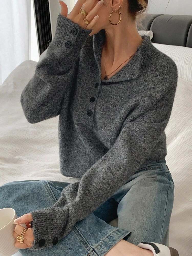 Soft & Cozy High Neck Grey Sweater For Women, Vintage Style Base Layer For Winter Fall