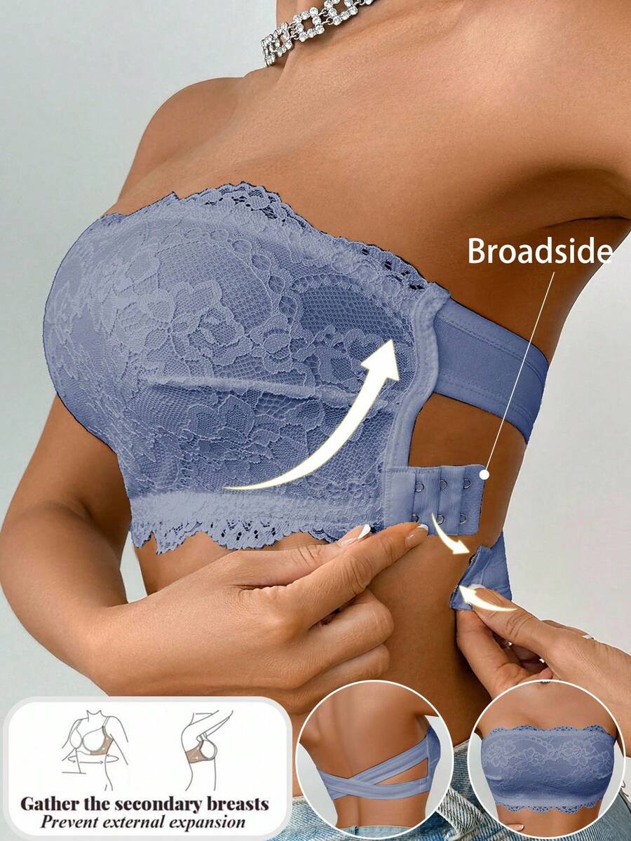 SHEIN 1 件女士蕾丝无钢圈文胸 - 藍色 - 查看 1