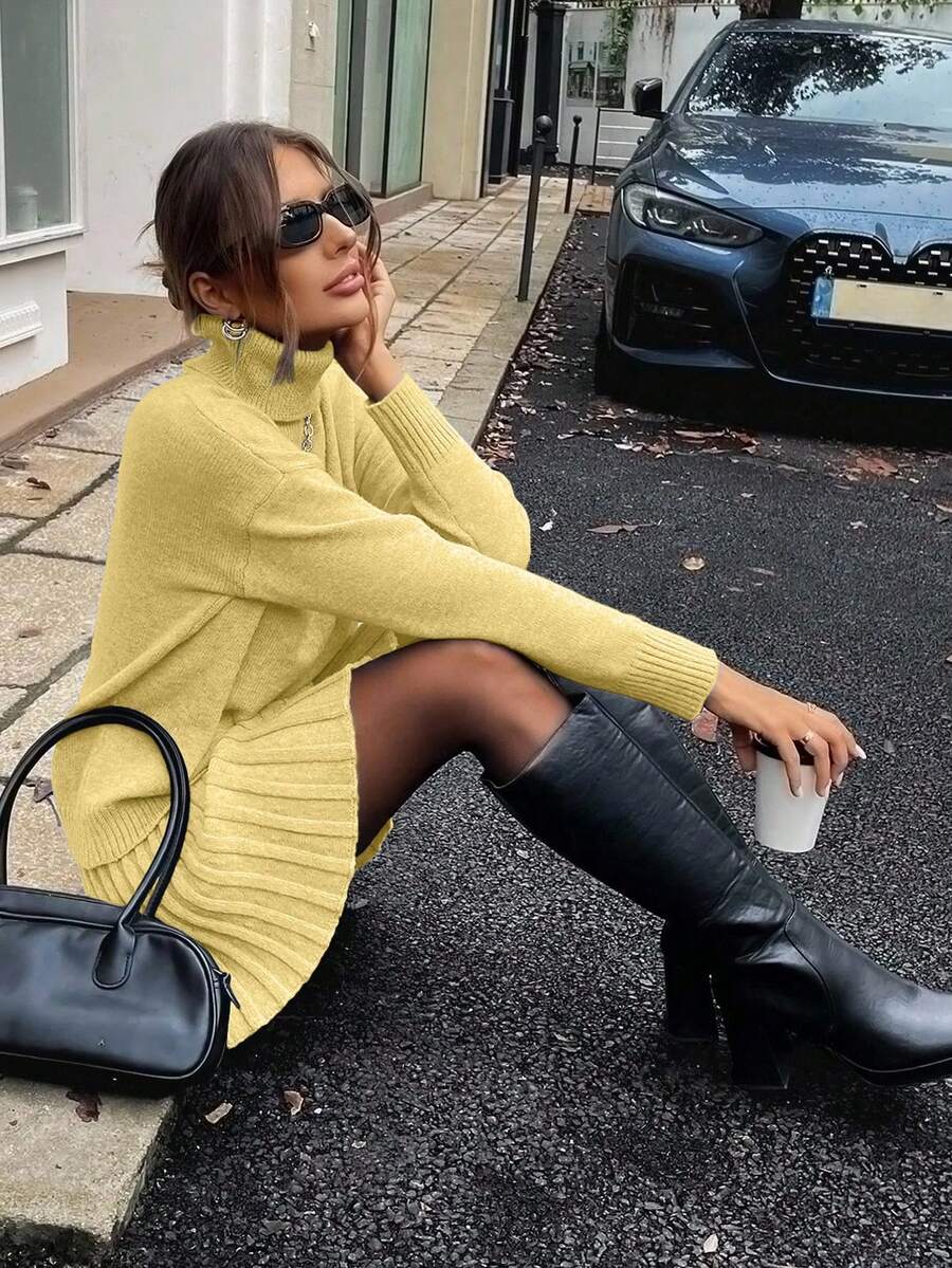 EMERY ROSE Set de 2 piezas de suéter con cuello alto y manga corta de unicolor y minifalda - Amarillo - Ver 1