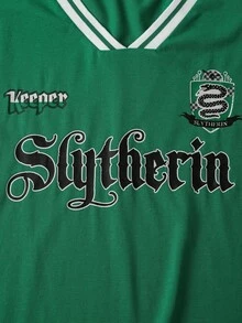 HARRY POTTER X SHEIN Women's Letter & Striped Pattern V-Neck Long Sleeve T-Shirt Green Jersey Green Shirt - Green - View 4