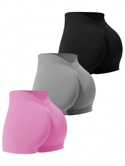 Easithlete 3件套女士纯色高腰日常健身短裤/无缝/V腰