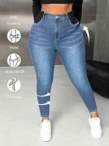 SHEIN PETITE CURVE Quần jean bó co giãn màu xanh denim cỡ lớn cho nữ - Rửa nhẹ - Xem 7
