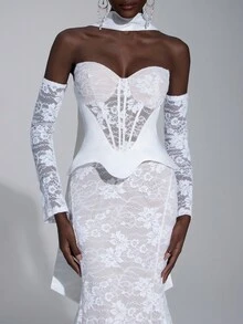 Elitara Elegant Luxurious Off-Shoulder Detachable Sheer Sleeve Satin & Lace Mermaid Maxi Dress With Trailing Train, Suitable For Weddings, Events, Parties, Honeymoon - Beige - View 3