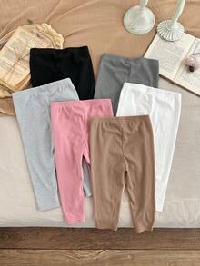 SHEIN LMoss Kids LMoss 6pcs/Set Baby Girl Cute Knitted Elastic Waist Solid Color Pants,Autumn/Winter Leggings Newborn Fall - Multicolor - View 2