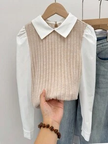 SHEIN Blusa de dos tonos con mangas abullonadas para niñas preadolescentes, 2 en 1, casual y elegante para uso diario, de vuelta al colegio - Albaricoque - Ver 4