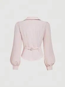 SHEIN MOD Blusa ajustada con mangas farol y pliegues, de unicolor y estilo casual para uso diario, primavera/otoño - Rosa Pálido - Ver 2