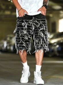 Manfinity Roughcore Men's Loose Fit Casual Straight Leg Denim Shorts With Pockets Punk Y2K Acid Washed Grey For Slim-Fit Party Gothic Men Shorts - Dark Grey - View 7