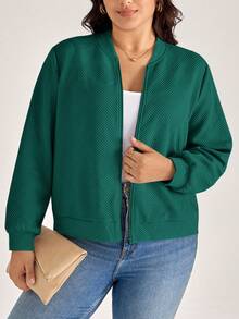 SHEIN LUNE 休闲卡其色针织提花夹克，适合通勤纹理夹克女绿色飞行员夹克女绿色夹克女女士休闲夹克女秋冬春季夹克 - 墨綠色 - 查看 3