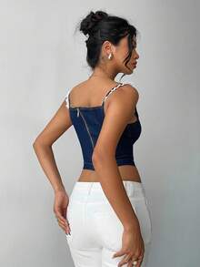 Aloruh Women's Dark Blue Ruffled Denim Top, Elegant Casual Lace Zipper Denim Top, Sexy Denim Vest - Blue - View 2