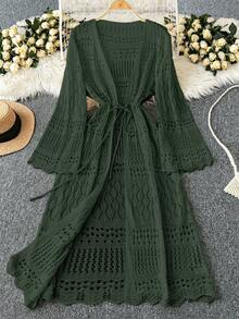 DreamSkyne Plus Size Women's Solid Color Beach Resort Romantic Crochet Net Drawstring Tie Bow Cardigan Western Wear - Dark Green - View 1
