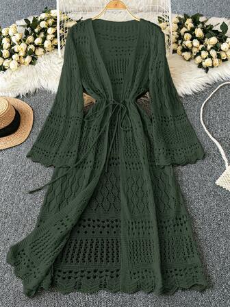 Celure Plus Size Women's Solid Color Beach Resort Romantic Crochet Net Drawstring Tie Bow Cardigan Western Wear