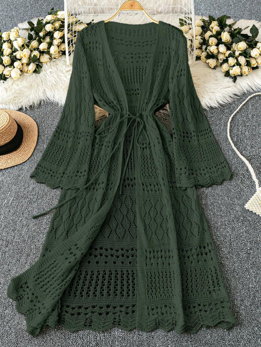DreamSkyne Plus Size Women's Solid Color Beach Resort Romantic Crochet Net Drawstring Tie Bow Cardigan Western Wear - Dark Green - View 1