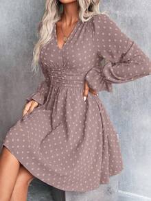 EMERY ROSE Women's Jacquard V-Neck Ruffle Sleeve Waist Pleated Fashion Dress - Pink - View 6