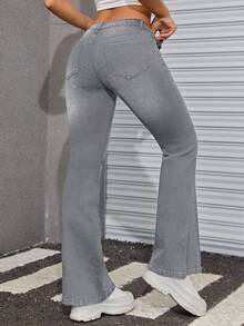 EURMUSE Damskie szare, swobodne, rozszerzane jeansy z niskim stanem - Szary - Zobacz 2