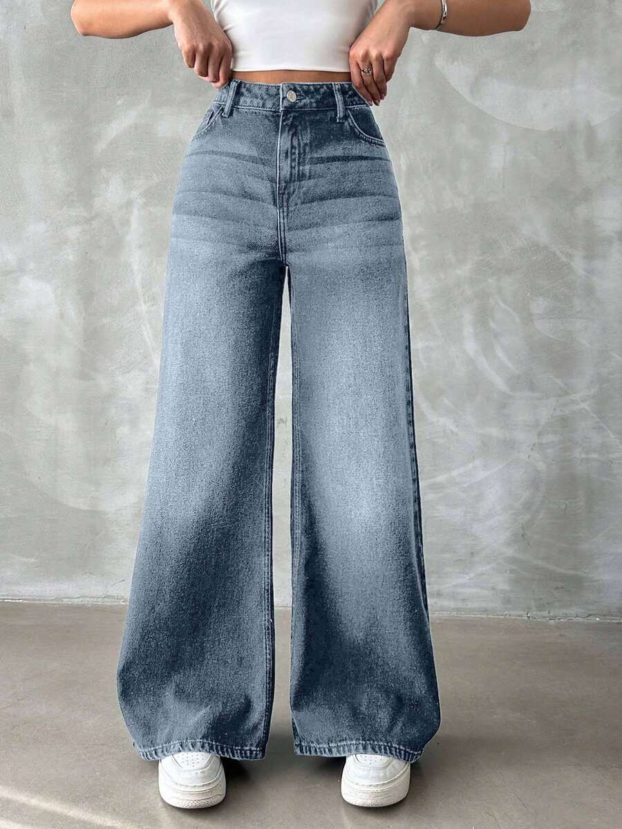 EURMUSE Jeans de cintura alta y pierna ancha para mujer 100% algodón con bolsillos en diagonal - Celeste - Ver 1