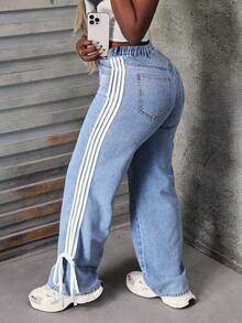 Slaydiva Plus Contrast Tape Side Knot Side Wide Leg Jeans - Blue - View 2