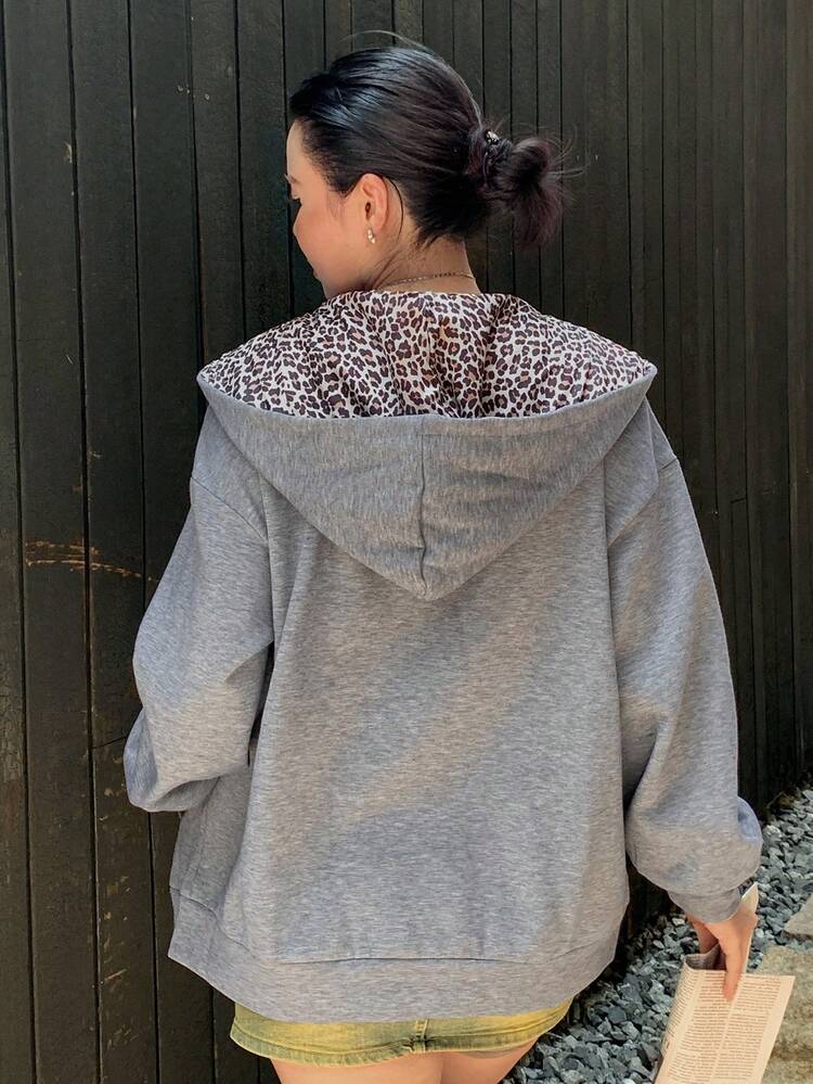 Dazy Plus Leopard Print Patchwork Lined Loose Fit Plus Size Women Jacket, Autumn/Winter Outerwear,Thermal Lined Women Coats