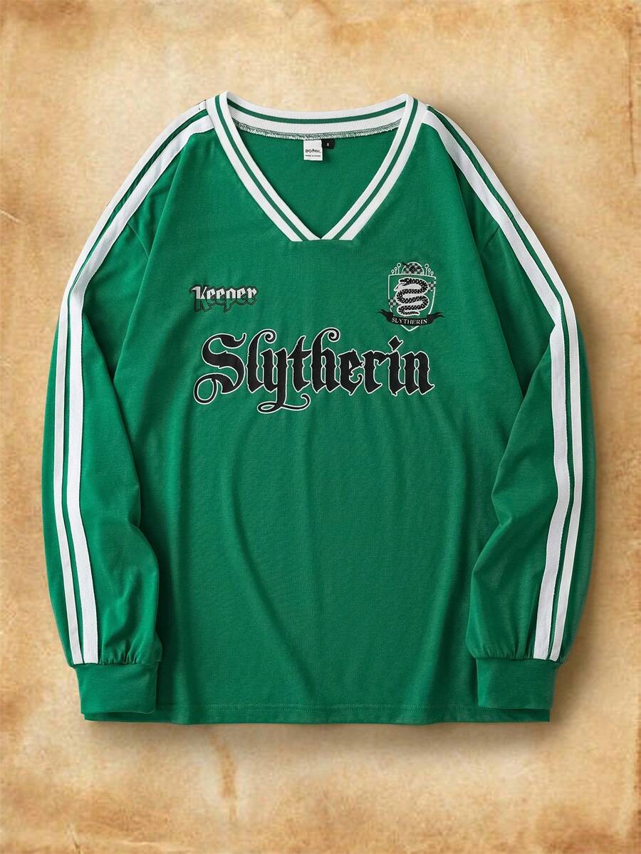 HARRY POTTER X SHEIN Women's Letter & Striped Pattern V-Neck Long Sleeve T-Shirt Green Jersey Green Shirt - Green - View 1