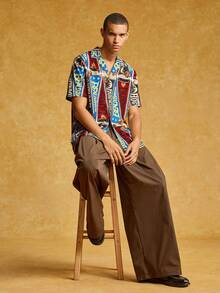 HARRY POTTER X SHEIN 男士休闲时尚街头度假风格全印花翻领短袖宽松衬衫，夏季 - 彩色 - 查看 1