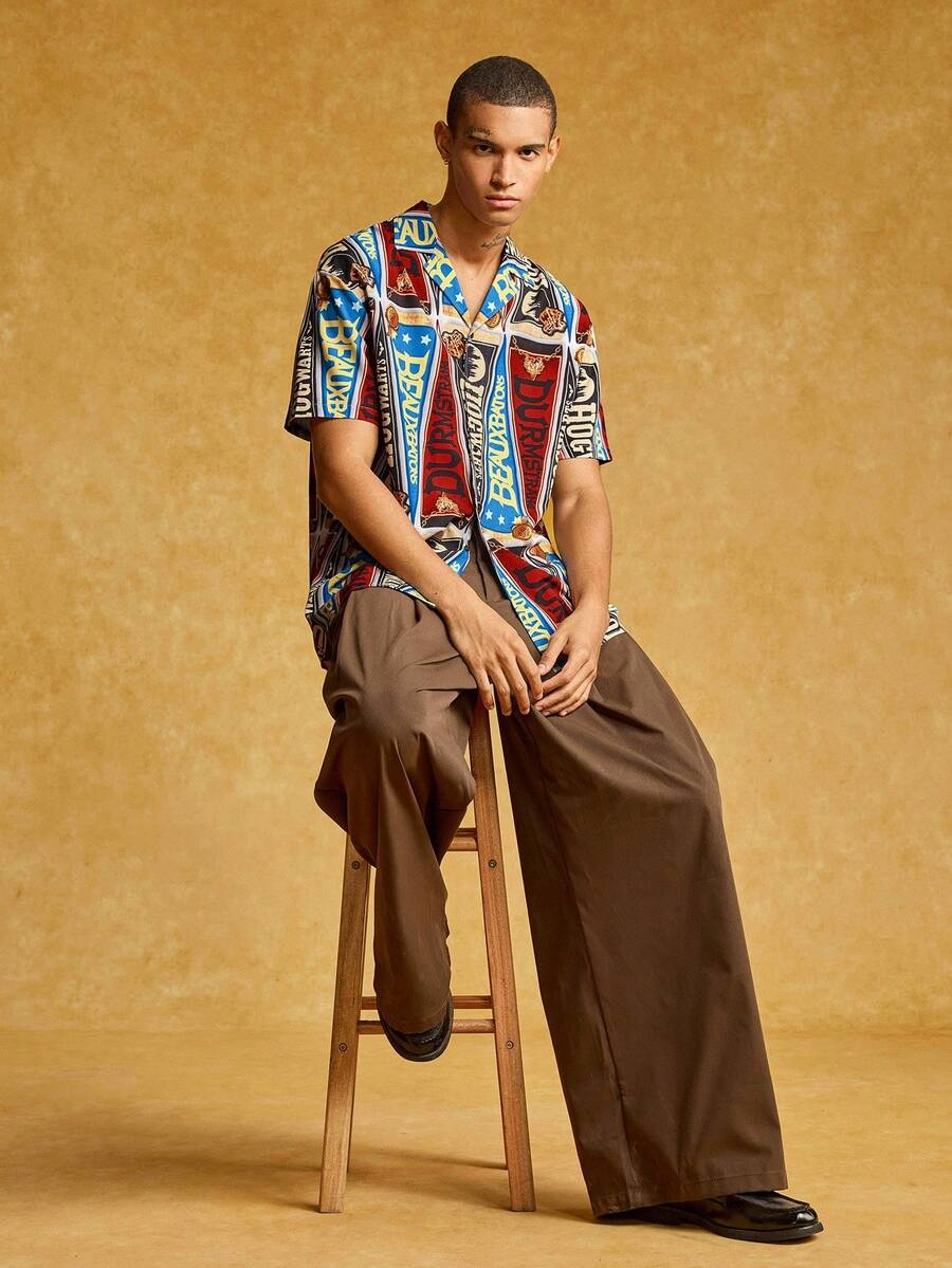 HARRY POTTER X SHEIN 男士休闲时尚街头度假风格全印花翻领短袖宽松衬衫，夏季 - 彩色 - 查看 1