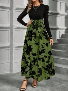 EMERY ROSE Floral Print Puff Sleeve Belted Dress Maxi Women Outfit - Army Green - View 3