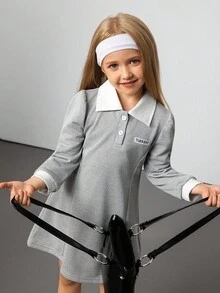 少女白领灰色长袖可爱舒适秋冬时尚连衣裙 - 灰色 - 查看 1