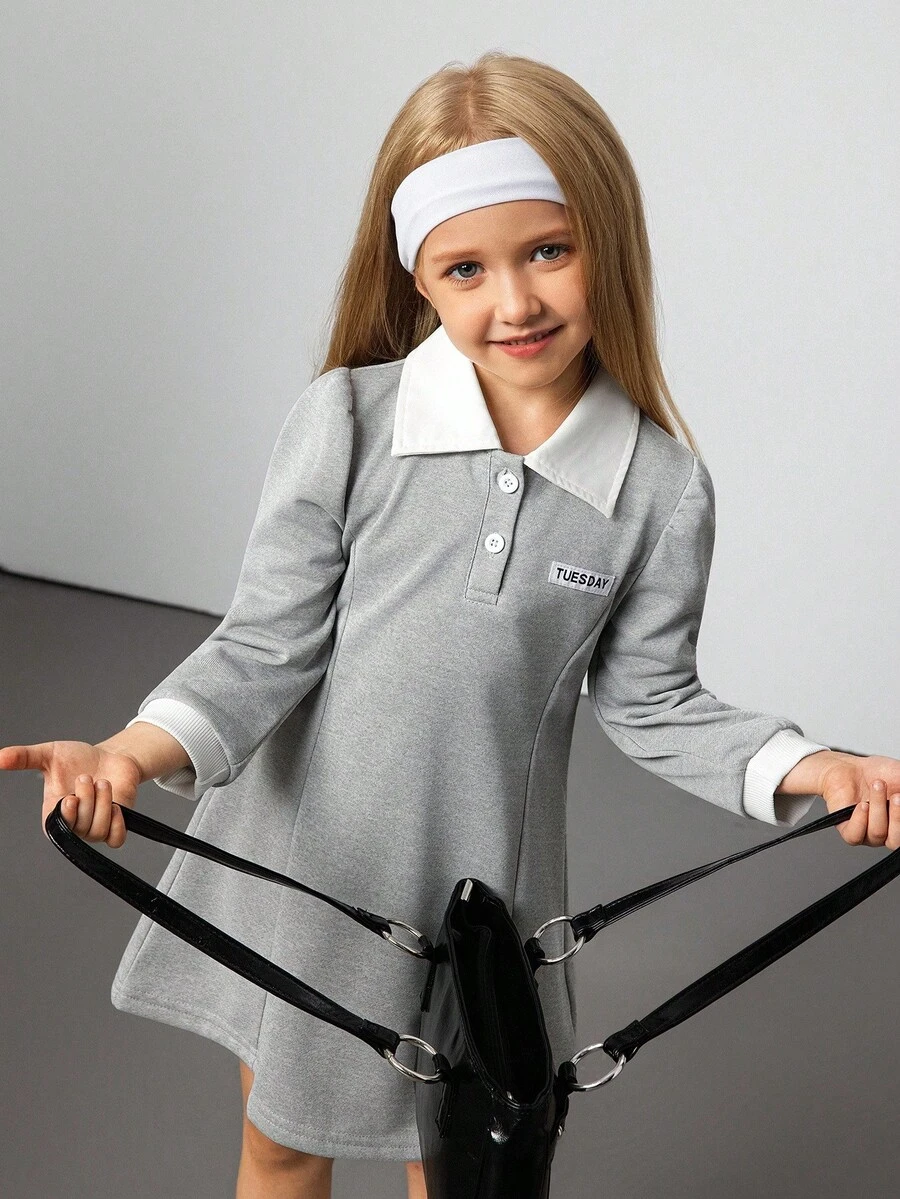 少女白领灰色长袖可爱舒适秋冬时尚连衣裙 - 灰色 - 查看 1