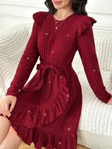 SHEIN Teen Girl Elegant Fitted Round Neck Frill Trim Long Sleeve Metallic Texture Ribbed Asymmetric Bowknot Knit Dress, Red, Suitable For Christmas And Halloween - Red - View 3