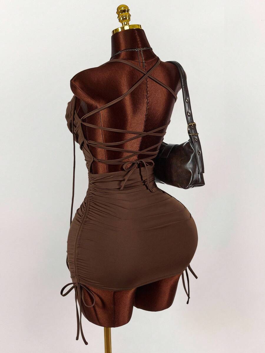 Y2K Amplova 无袖褶皱迷你裙，带挂脖领口和大露背交叉带设计，女式迷你连衣裙 - 紫紅色 - 查看 1