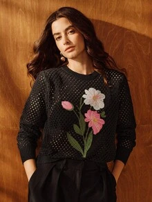 Anewsta Elegant French Style Floral Embroidery Hollow Out Crew Neck Sweater, Autumn/Winter