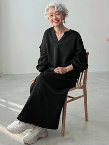 FRIFUL Women's Black V-Neck Long Sleeve Dropped Shoulder Lantern Sleeve Pleated Ruffle Hem Loose Casual Dress, Autumn