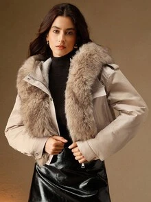 Anewsta 女式秋冬长袖短款仿毛领开衫 - 駝色 - 查看 10