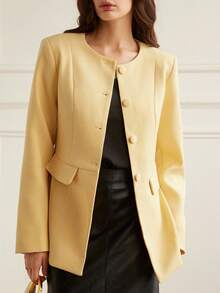 Aveloria Blazer chic de navette à manches longues avec décoration de rabat au col rond et à la taille - Jaune citron - Voir 2