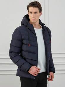 RueChic Men Zip Up Drawstring Hooded Puffer Coat - Navy Blue - View 6