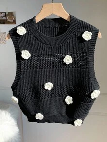 Comfortcana Women's Casual 3D Floral Decor Round Neck Knitted Vest, Autumn