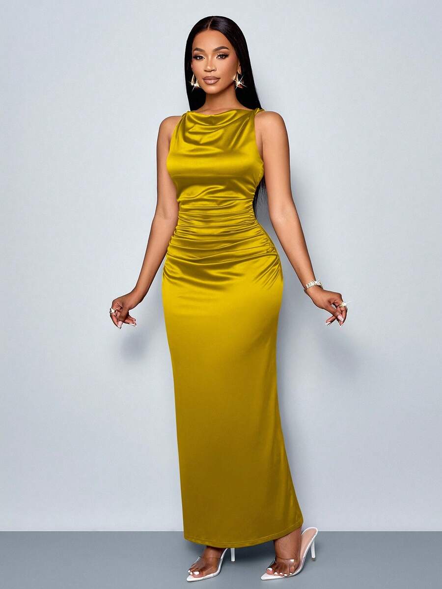 SOLERSUN Đầm dự tiệc không tay xếp nếp cổ tròn màu trơn thanh lịch dành cho nữ, hoàn hảo cho tiệc tối - Màu Mù tạt vàng - Xem 1