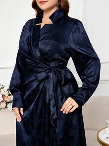 Modelyn Women's Long Sleeve Tie-Front Jacquard Elegant Party & Commute Dress, Plus Size Fall Cloth For Women